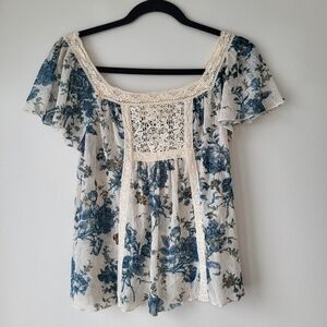 Denim & Supply Ralph Lauren Blue Floral Sheer Flowy Top